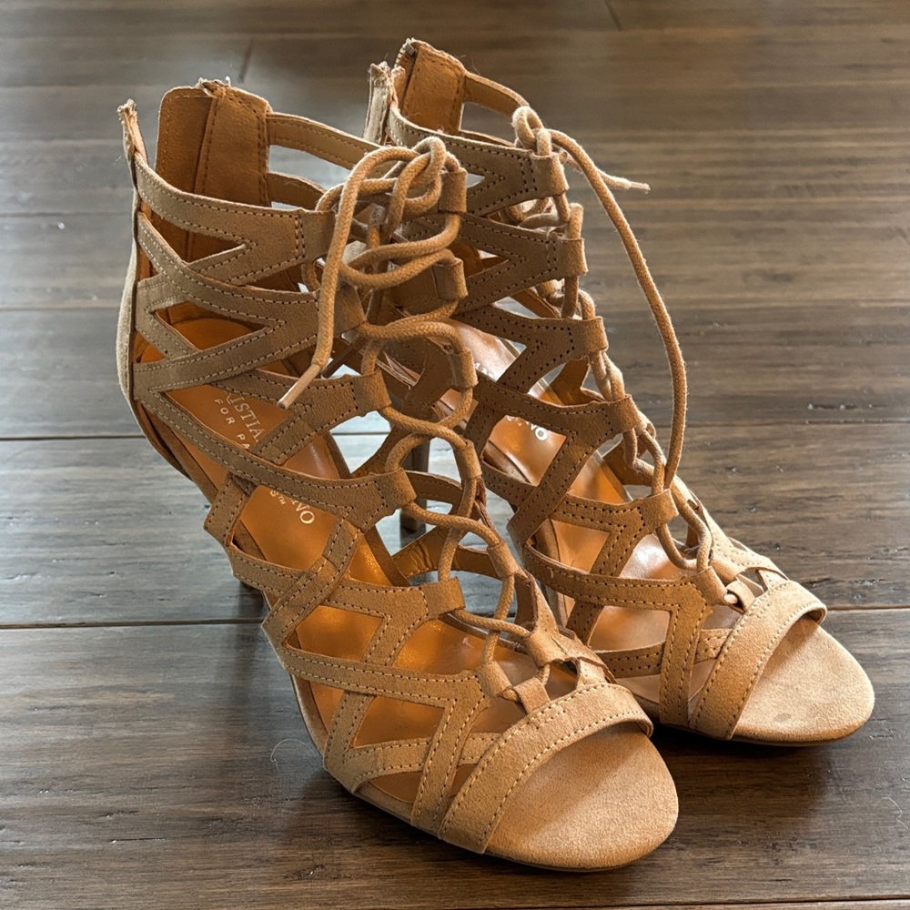 Christian Siriano Women's Tan Lace-Up Cutout Heels